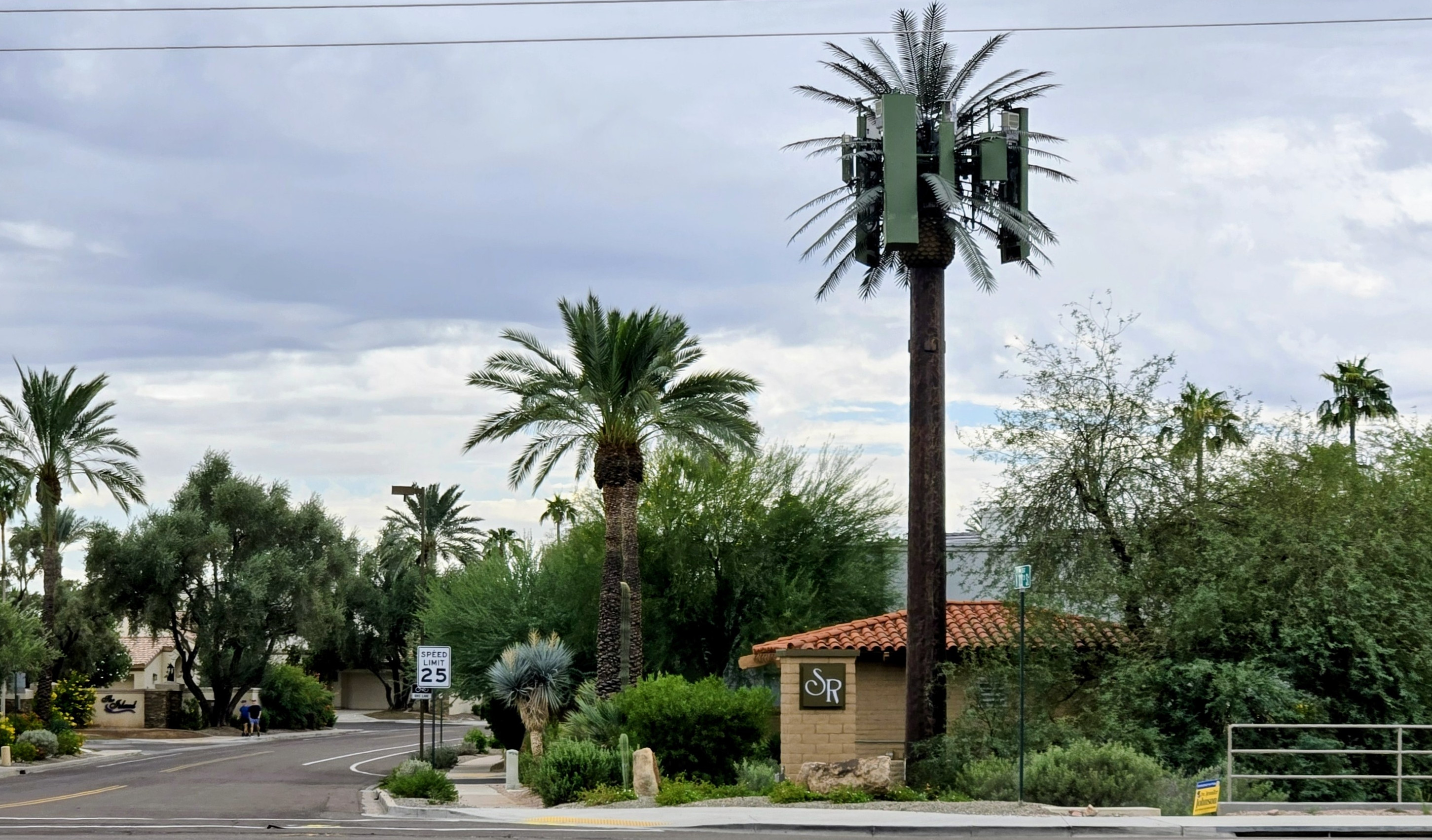 A tall monopalm with green antenna panels in its crown rises behind a brick gatehouse, beside a real date palm.